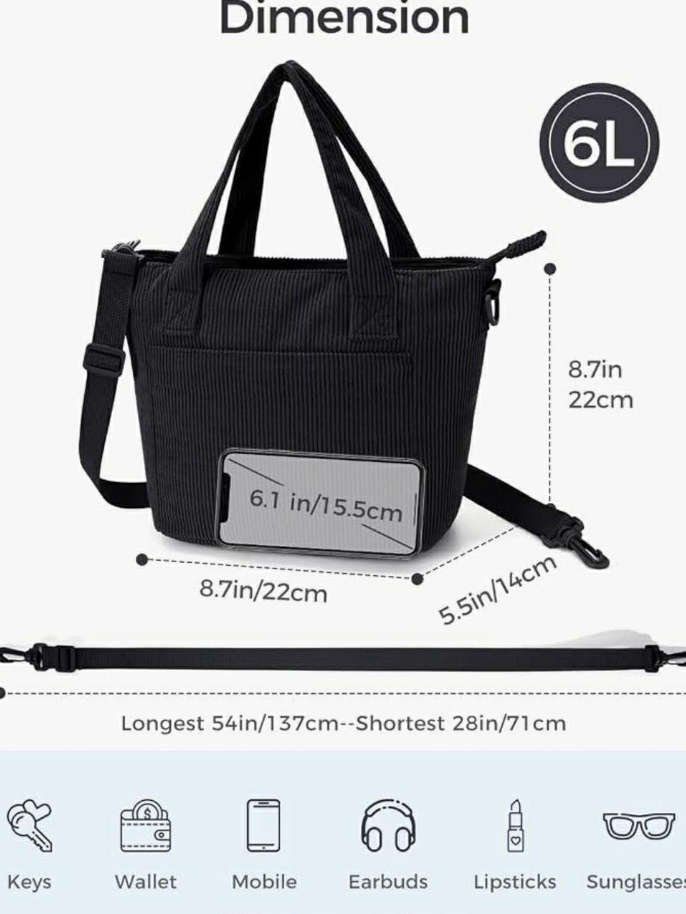 Mini Black Corduroy Shoulder Tote Bag with Removable Strap NWT - Picture 7 of 16